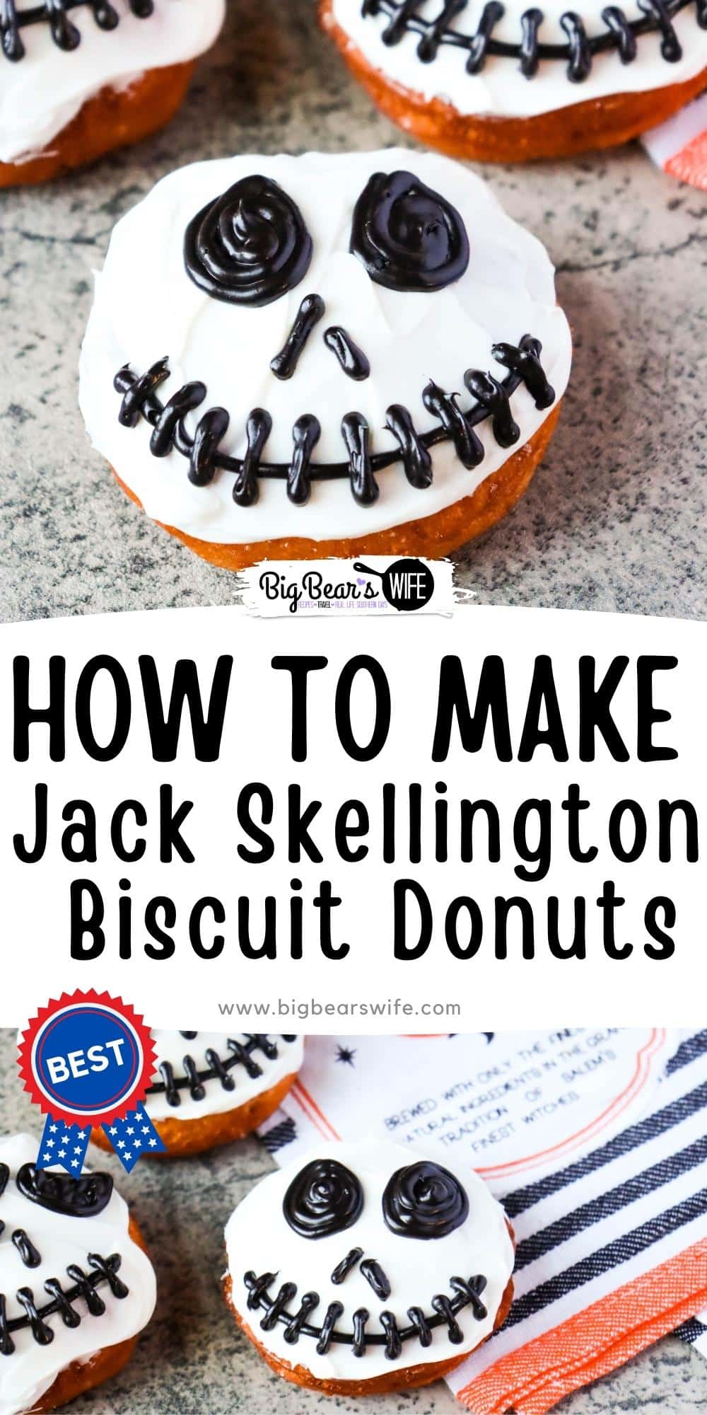 These Jack Skellington Biscuit Donuts are made with canned biscuits and fried until golden brown, before being decorated to look like Disney's Jack Skellington with frosting.  via @bigbearswife