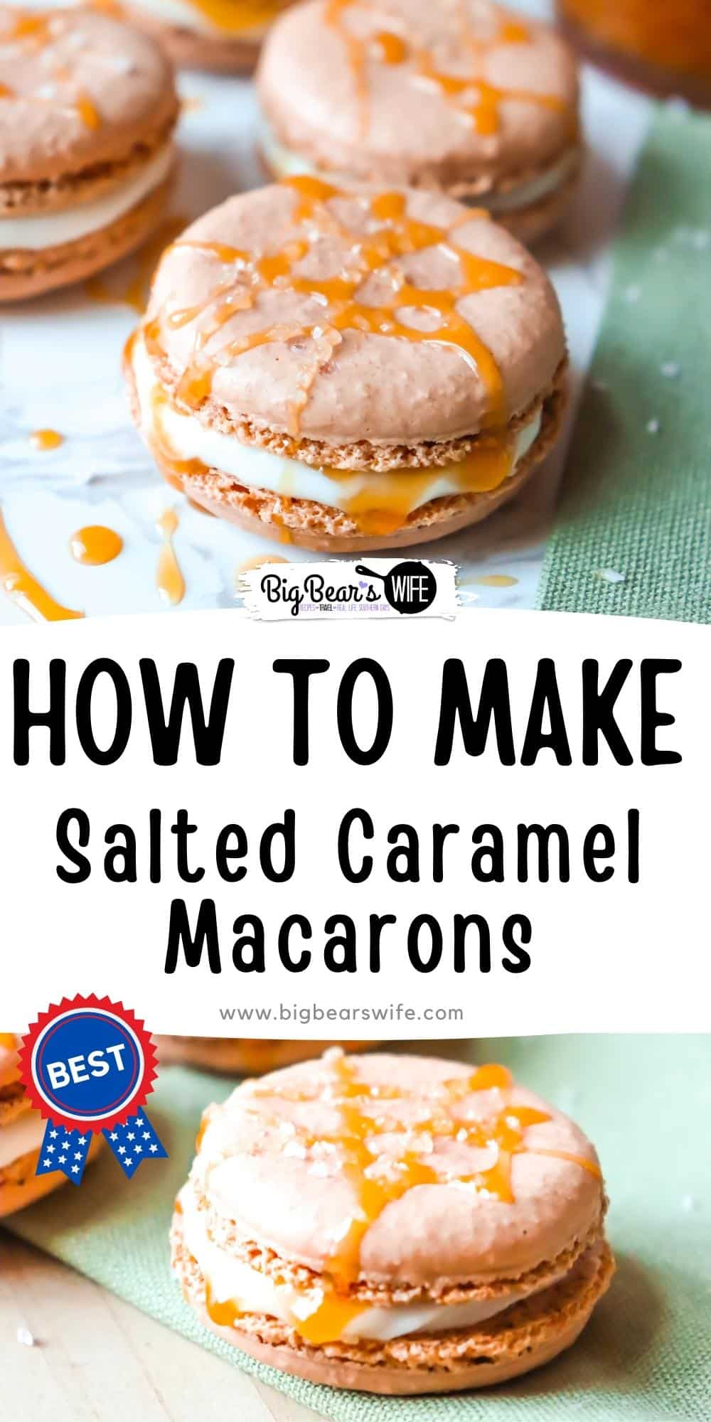 Salted caramel macarons are made up of a homemade macaron shell, vanilla buttercream, creamy caramel and a sprinkle of course sea salt! via @bigbearswife