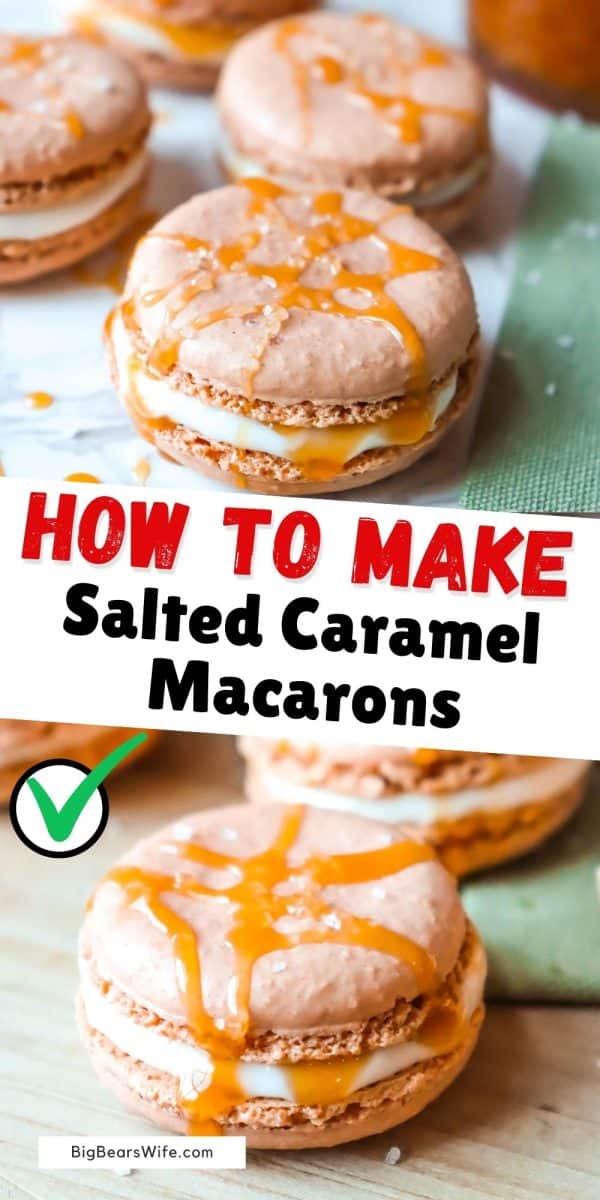 Salted caramel macarons are made up of a homemade macaron shell, vanilla buttercream, creamy caramel and a sprinkle of course sea salt!