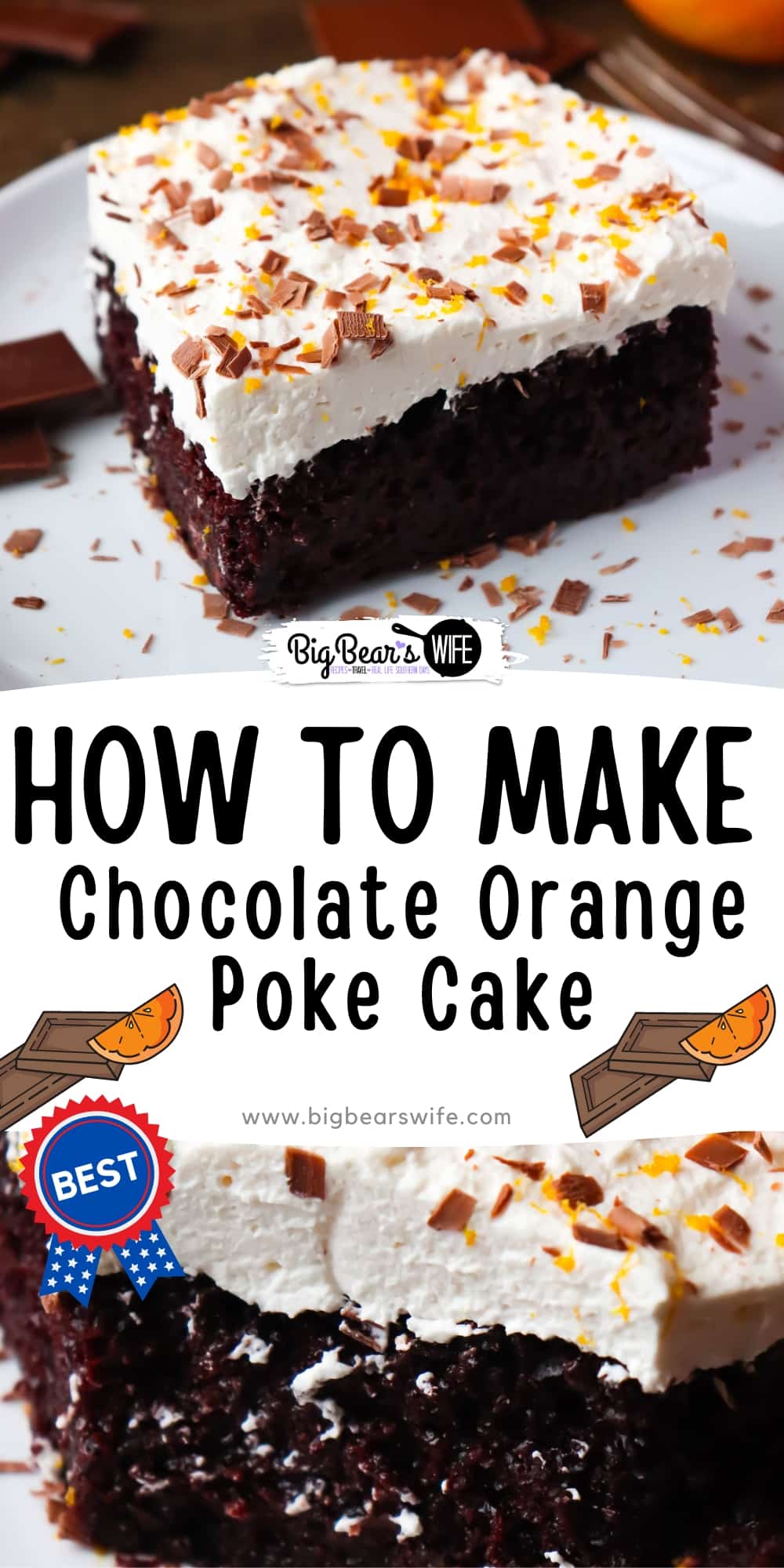 Skip the box, it doesn’t get any easier than this homemade Chocolate Orange Poke Cake. The combination of chocolate and orange is a match made in dessert heaven. Rich chocolate cake is drenched in orange gelatin for a super moist cake that's topped with orange zest-infused whipped cream. Almost a pudding cake, but with enough density to hold its structure.  via @bigbearswife