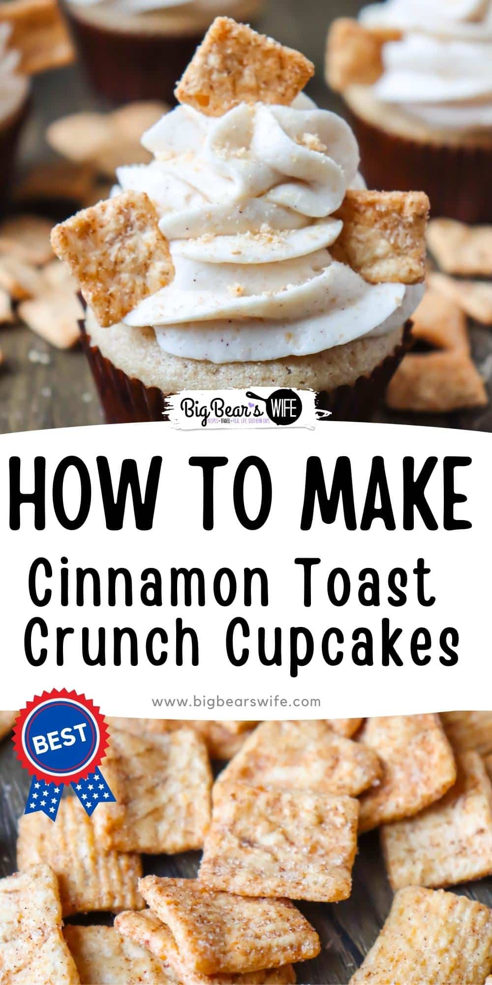 These fun and easy Cinnamon Toast Crunch Cupcakes taste just like your favorite cereal. For ease, we start with a box cake mix that is upgraded with vanilla, cinnamon, and sour cream. Then these breakfast-themed cupcakes are topped with a cream cheese Cinnamon Toast Crunch frosting.  via @bigbearswife