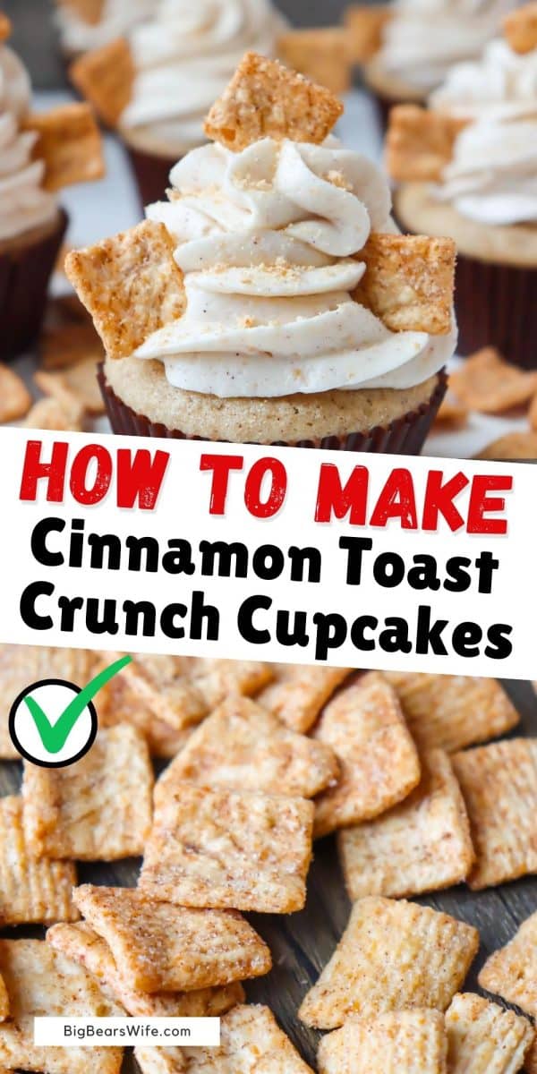 These fun and easy Cinnamon Toast Crunch Cupcakes taste just like your favorite cereal. For ease, we start with a box cake mix that is upgraded with vanilla, cinnamon, and sour cream. Then these breakfast-themed cupcakes are topped with a cream cheese Cinnamon Toast Crunch frosting. 