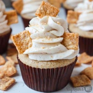 These fun and easy Cinnamon Toast Crunch Cupcakes taste just like your favorite cereal. For ease, we start with a box cake mix that is upgraded with vanilla, cinnamon, and sour cream. Then these breakfast-themed cupcakes are topped with a cream cheese Cinnamon Toast Crunch frosting. 
