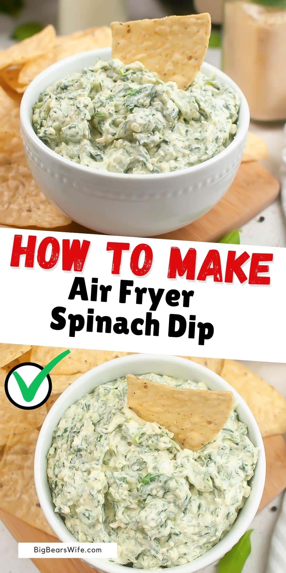 This tasty Air Fryer Spinach Dip is ready in under 20 minutes and not only perfect for an appetizer for dinner but it's great for any party or tailgate!  via @bigbearswife