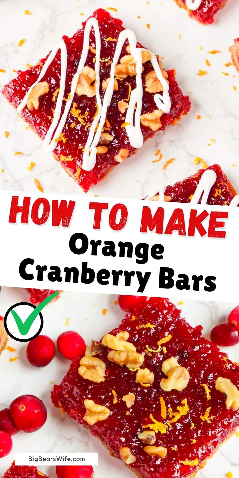These tart Cranberry Orange Bars are perfect for the holidays! Made with fresh cranberries and oranges over a vanilla cookie crust. These bars are perfect when topped with walnuts, orange zest and a vanilla icing drizzle.  via @bigbearswife