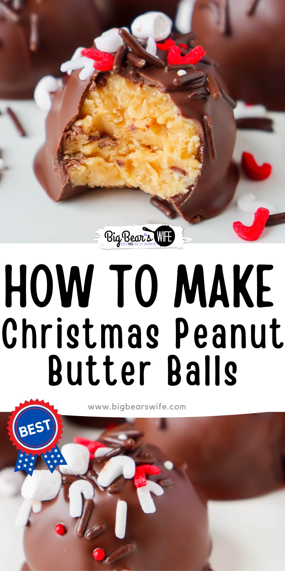 These Christmas Peanut Butter Balls might be the easiest Christmas dessert that you can make around the holidays. 3 ingredient and some sprinkles are all you need for this sweet treat. via @bigbearswife