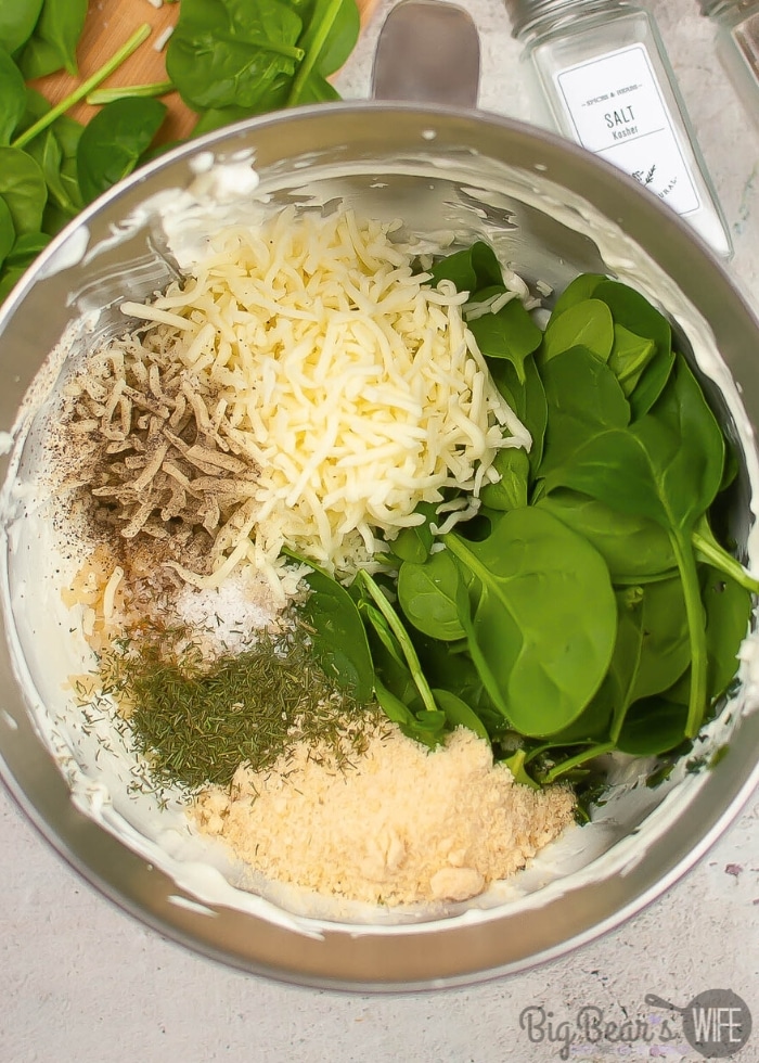Ingredients for Air Fryer Spinach Dip In a mixing bowl