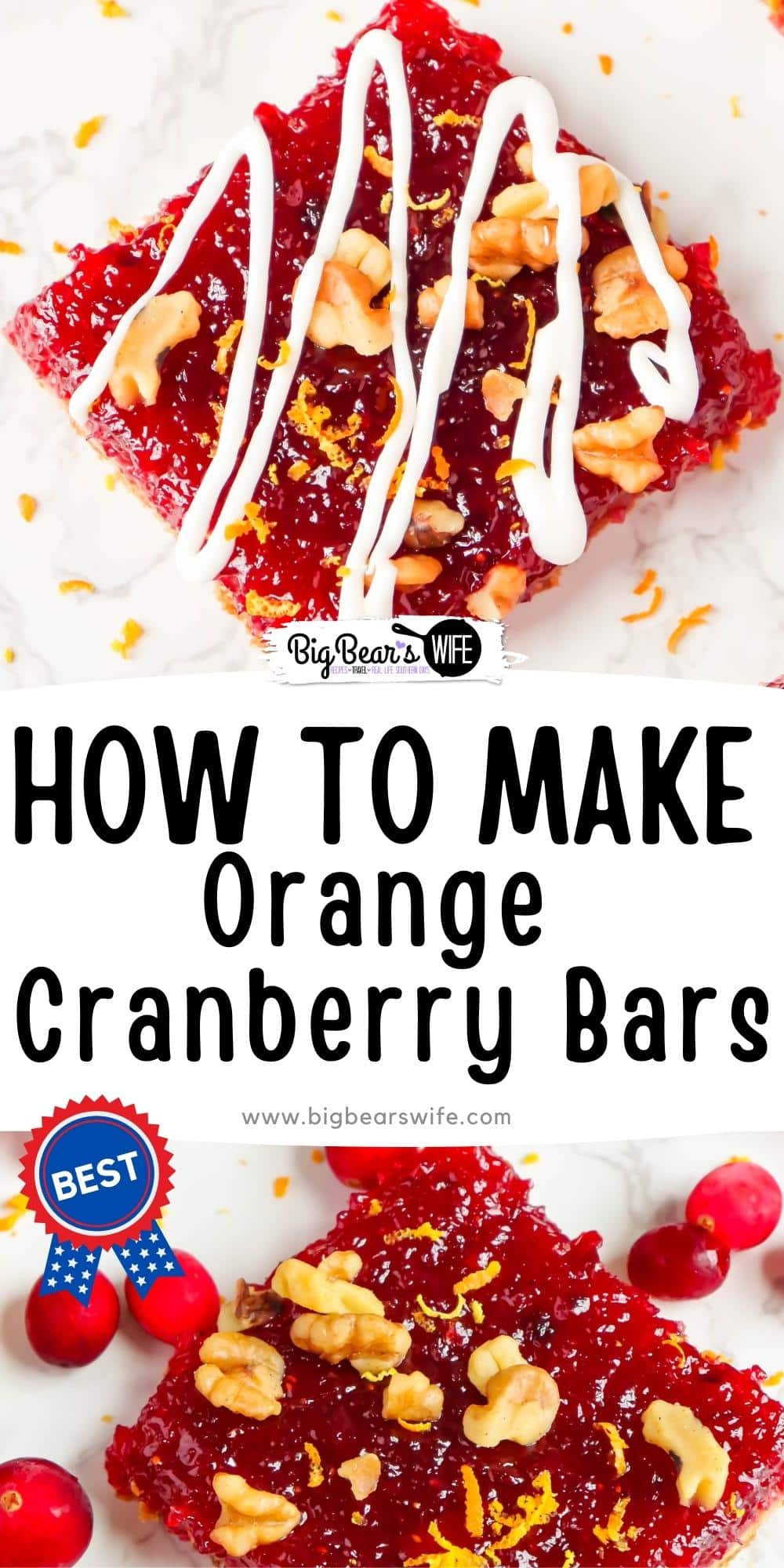 These tart Cranberry Orange Bars are perfect for the holidays! Made with fresh cranberries and oranges over a vanilla cookie crust. These bars are perfect when topped with walnuts, orange zest and a vanilla icing drizzle.  via @bigbearswife