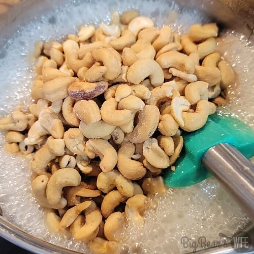 Stir in cashews, heat on medium heat, stirring occasionally, so cashews don’t burn. 