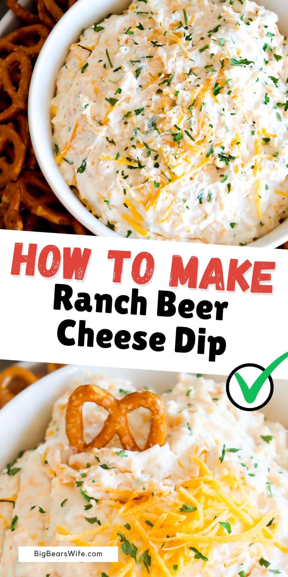 Ranch Beer Cheese Dip is a crazy easy dip recipe that'll be a hit at your next party, tailgate or game day get together! Cream cheese, ranch seasoning, cheese and beer! 4 ingredients and a bit of mixing is all you're going to need for this party dip! via @bigbearswife