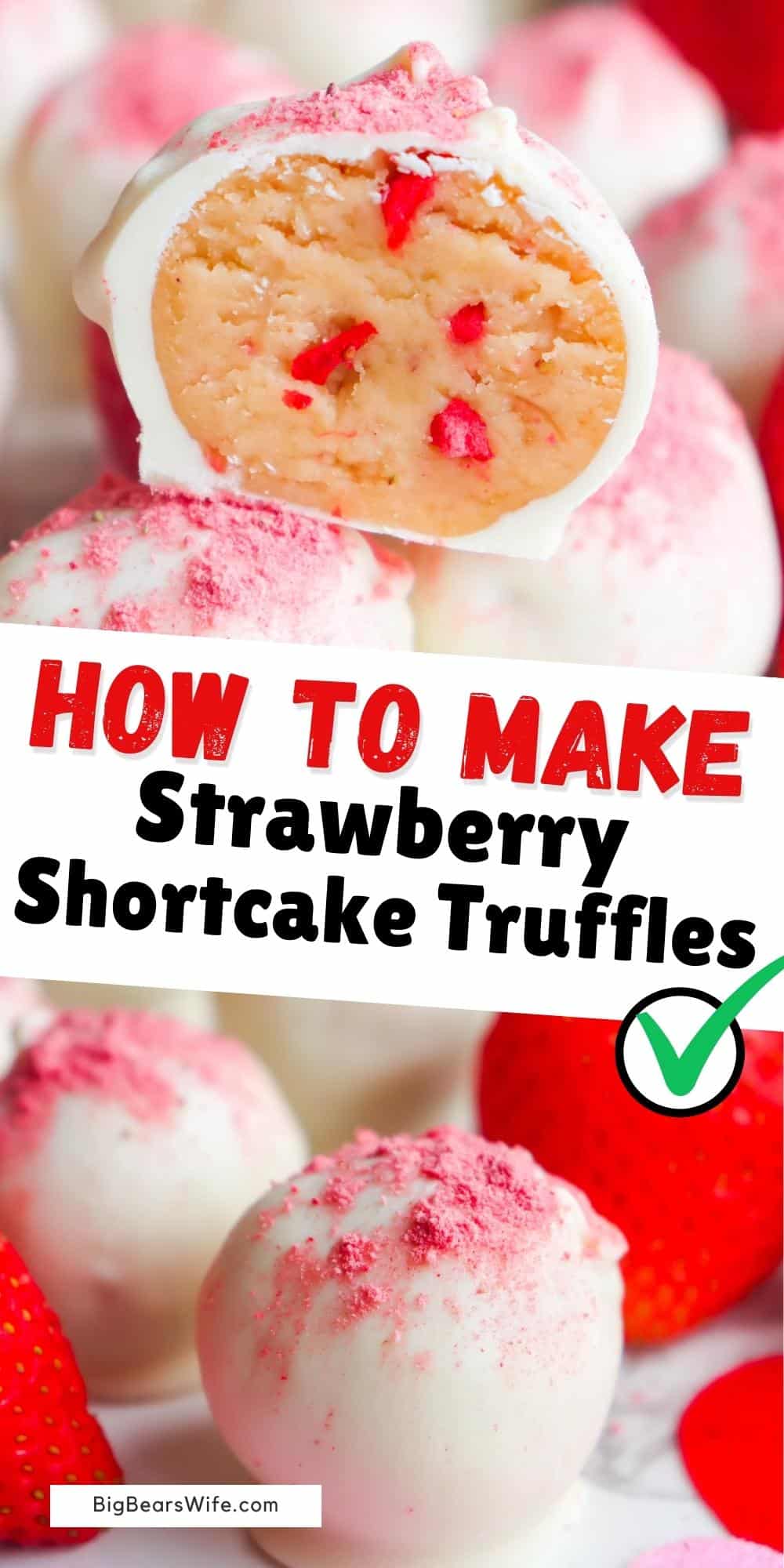 These Strawberry Shortcake Truffles taste just like strawberry shortcake and they’re the perfect dessert for sharing! Pack these up for your Valentine or display them on a cake plate for a party!  via @bigbearswife