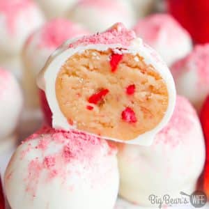 These Strawberry Shortcake Truffles taste just like strawberry shortcake and they’re the perfect dessert for sharing! Pack these up for your Valentine or display them on a cake plate for a party! 