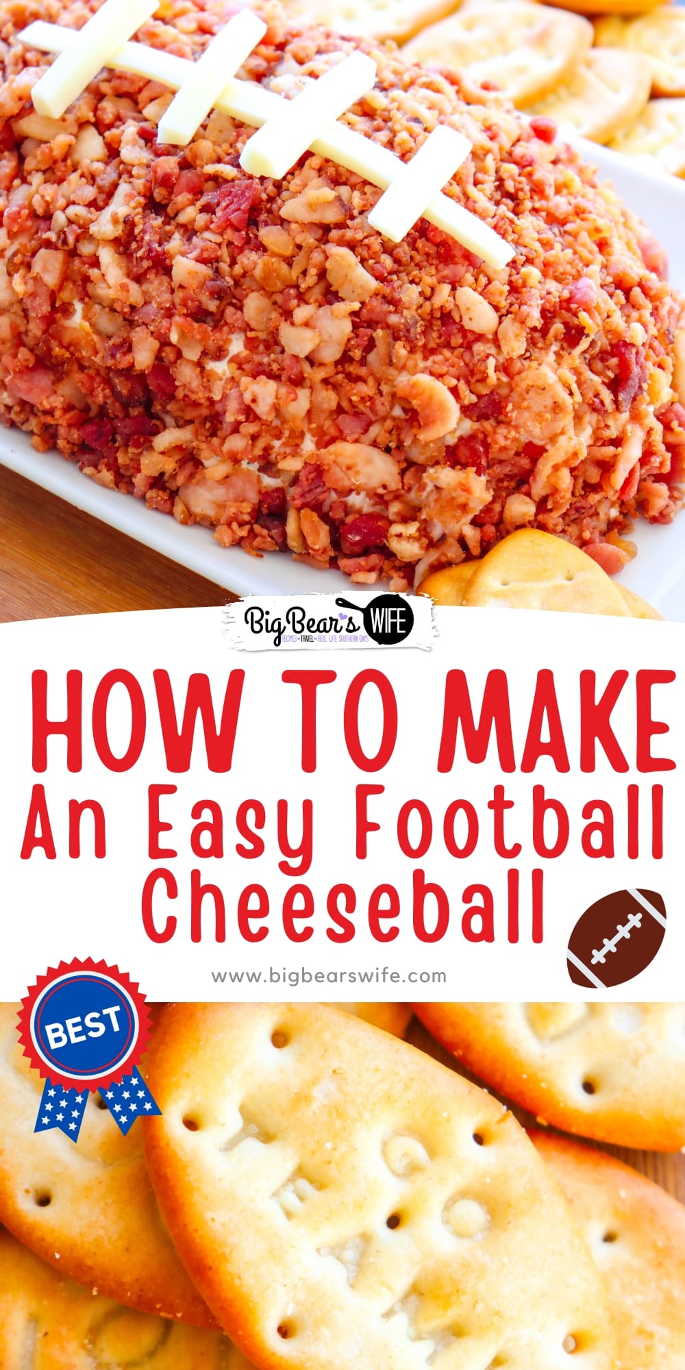 Make this Easy Football Cheeseball for the big game or any football party! You'll only need 5 ingredients and some plastic wrap to shape it! It'll be perfect for your game day spread! via @bigbearswife