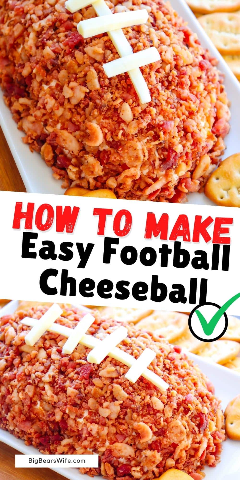 Make this Easy Football Cheeseball for the big game or any football party! You'll only need 5 ingredients and some plastic wrap to shape it! It'll be perfect for your game day spread! via @bigbearswife