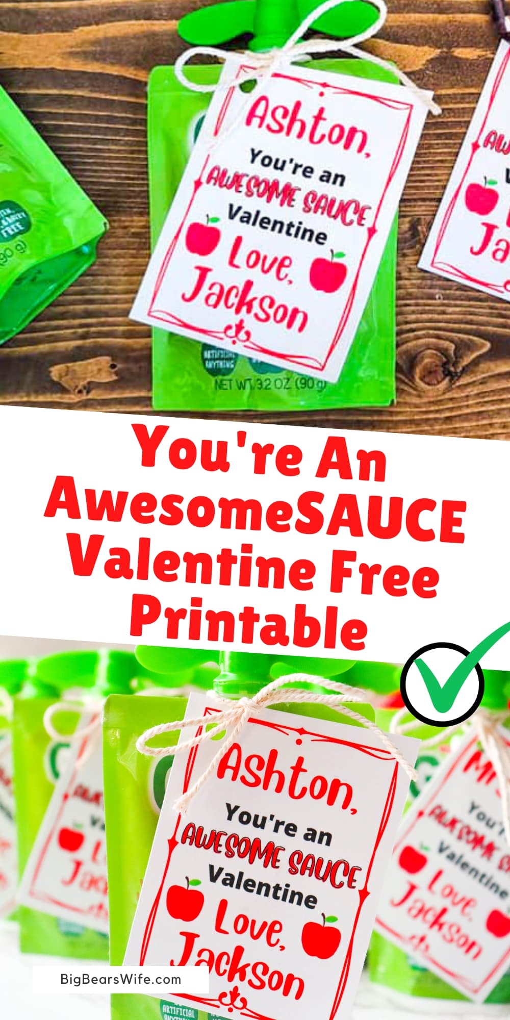 This adorable "You're An AwesomeSAUCE Valentine" Free Printable is super cute to print out and tie to gogo squeez applesauce pouches! An sweet Valentines for the applesauce lover in your life! via @bigbearswife