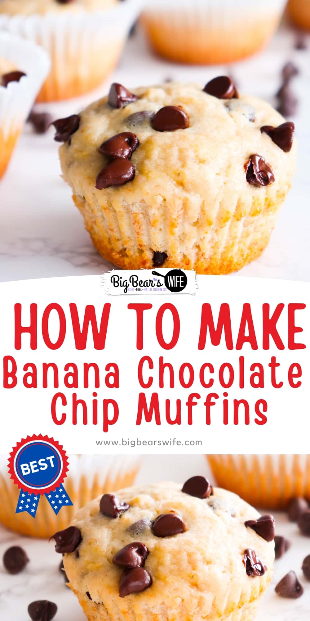 Are you a chocoholic? Love banana? If so, you'll love this recipe for banana chocolate chip muffins that are loaded with chocolate chips in every bite. This recipe is easy to follow and yields a deliciously moist and decadent muffin that's perfect for breakfast or dessert. via @bigbearswife