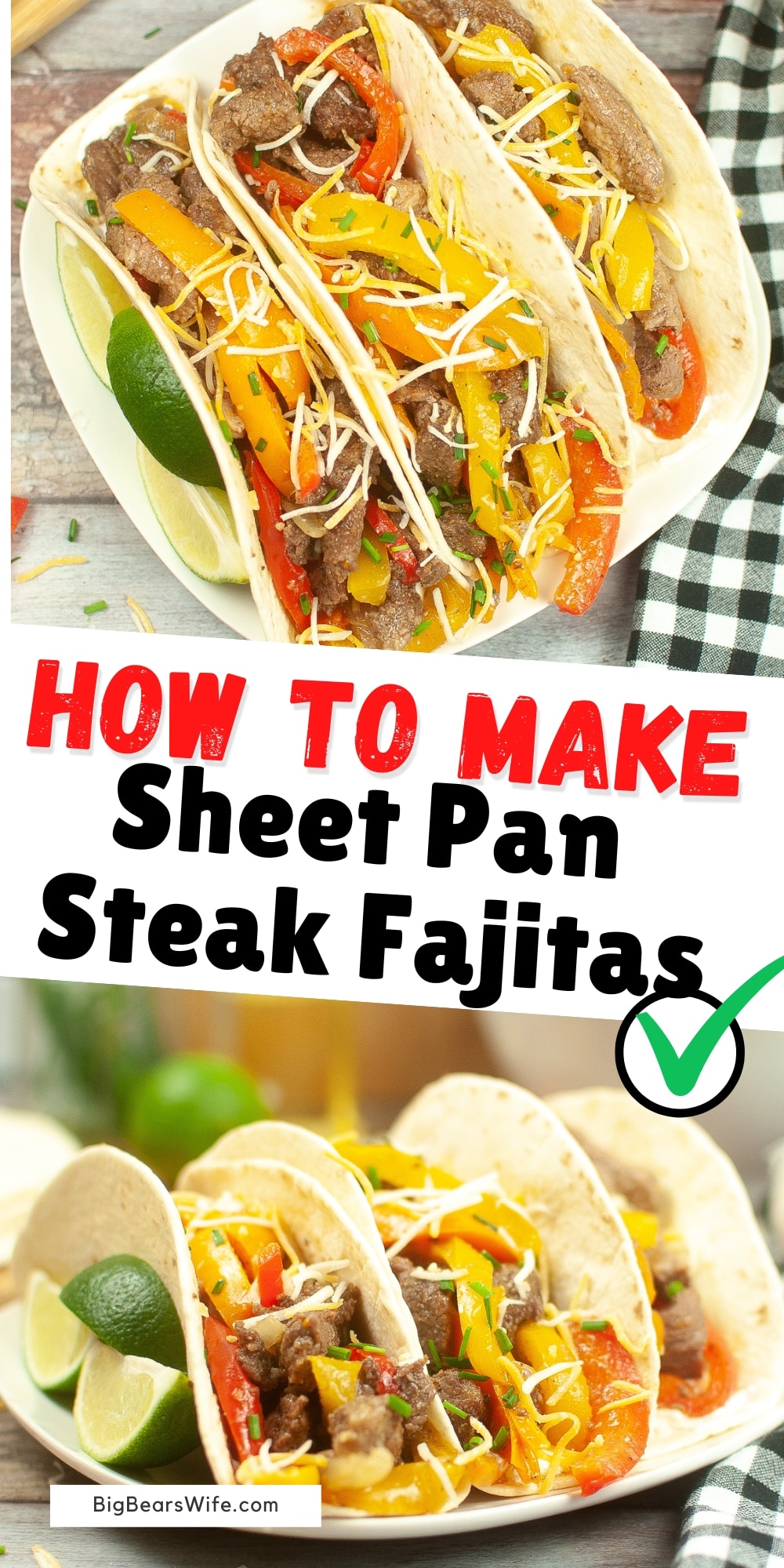 Sheet pan steak fajitas are the perfect weeknight dinner solution. This recipe is easy to prepare and clean up, making it a favorite for busy families. With deliciously seasoned steak, fresh vegetables, and warm tortillas, this meal is sure to be a hit! via @bigbearswife