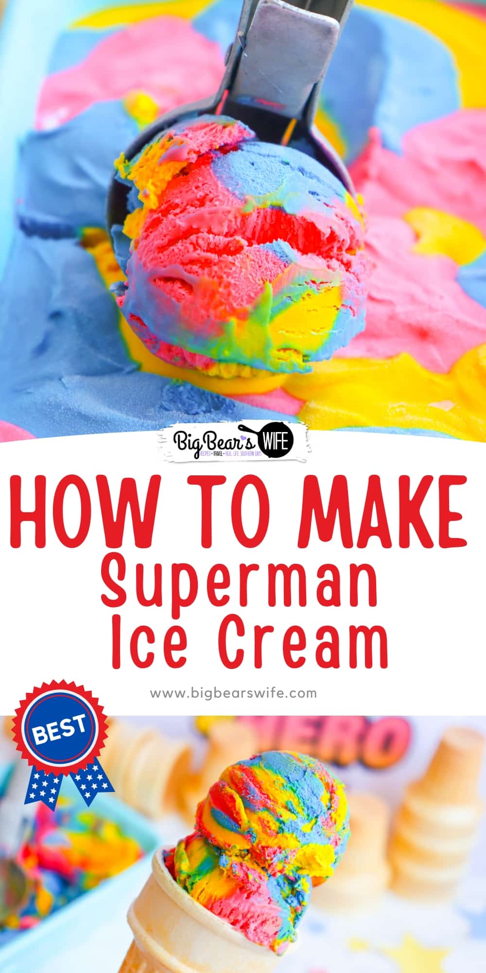 Have you ever wondered how to create the iconic swirls of Superman ice cream without an ice cream machine? Look no further! This No Churn Superman Ice Cream is smooth, creamy, and colorful. Get ready for a scoop (or two) of pure delight! via @bigbearswife