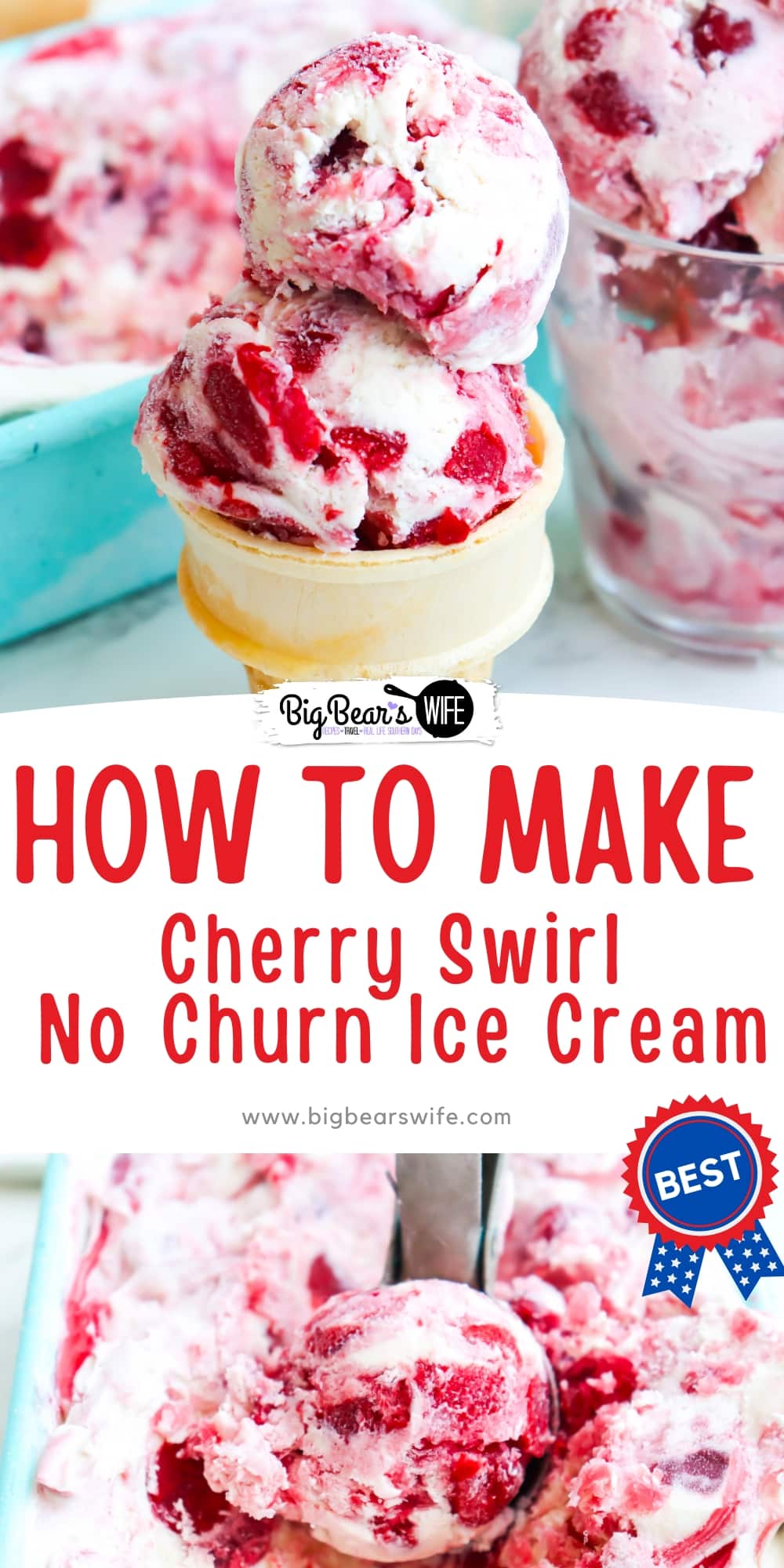 Escape the summer heat with a homemade no churn cherry swirl ice cream that is guaranteed to cool you down and delight your taste buds. Let me show you how to create this refreshing and creamy treat right in your own kitchen! Plus you don't need an ice cream maker to make this! Say hello to the ultimate summer dessert! via @bigbearswife