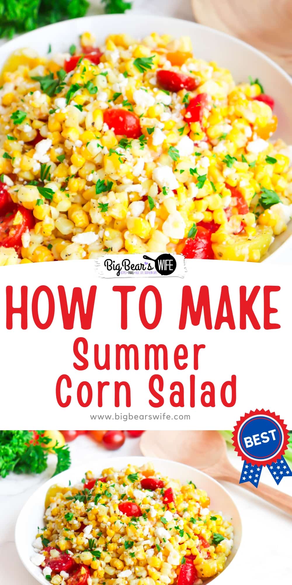 This Summer Corn Salad is great with fresh corn, frozen corn or canned corn! Packed with corn, tomatoes and feta cheese, this summer salad is going to be the perfect side dish for your next cookout or family dinner! via @bigbearswife