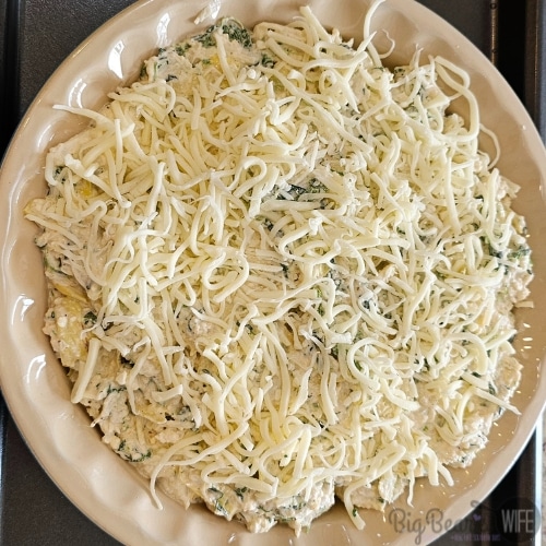 dip covered in shredded cheese before oven