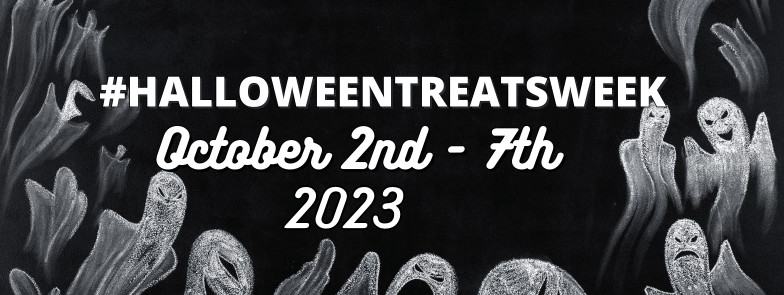 Halloween Treats Week logo in black and white with ghosts.