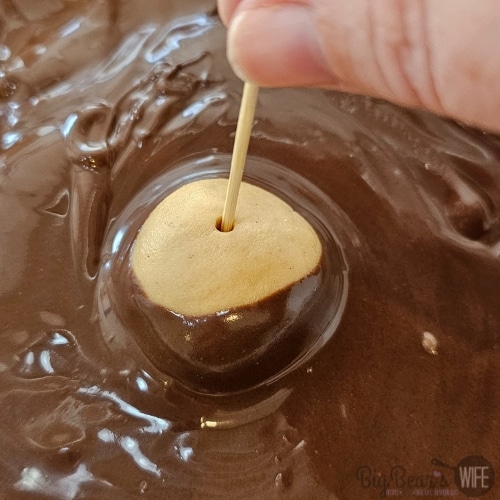 swirling peanut butter ball into chocolate