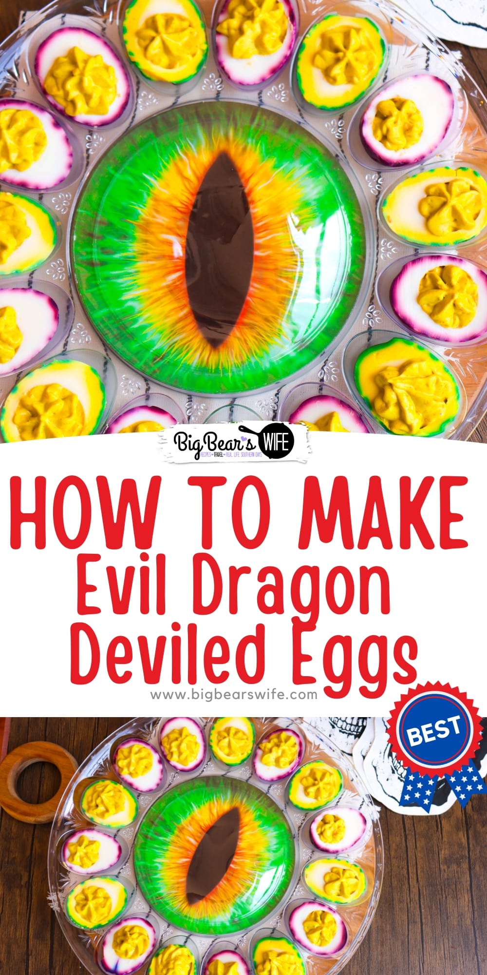 Let these Evil Dragon Deviled Eggs be the star of your Halloween party table this year! They're not only delicious but creepy looking too! Perfect for Halloween! via @bigbearswife