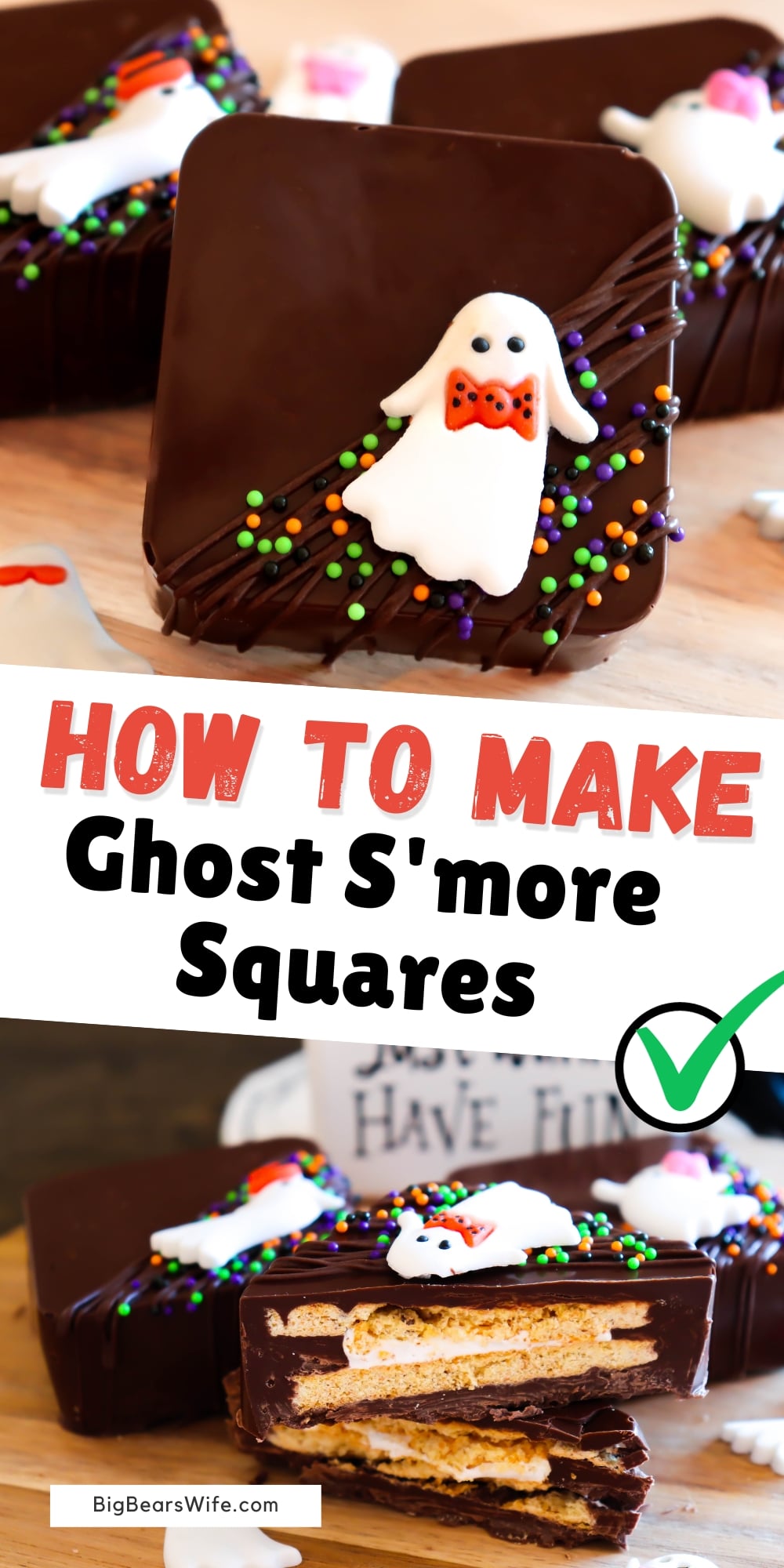 These Ghost S'more Squares are super cute and pretty easy to make! You've got your graham cracker, marshmallow and chocolate all packed together with a cute ghost on top.  via @bigbearswife
