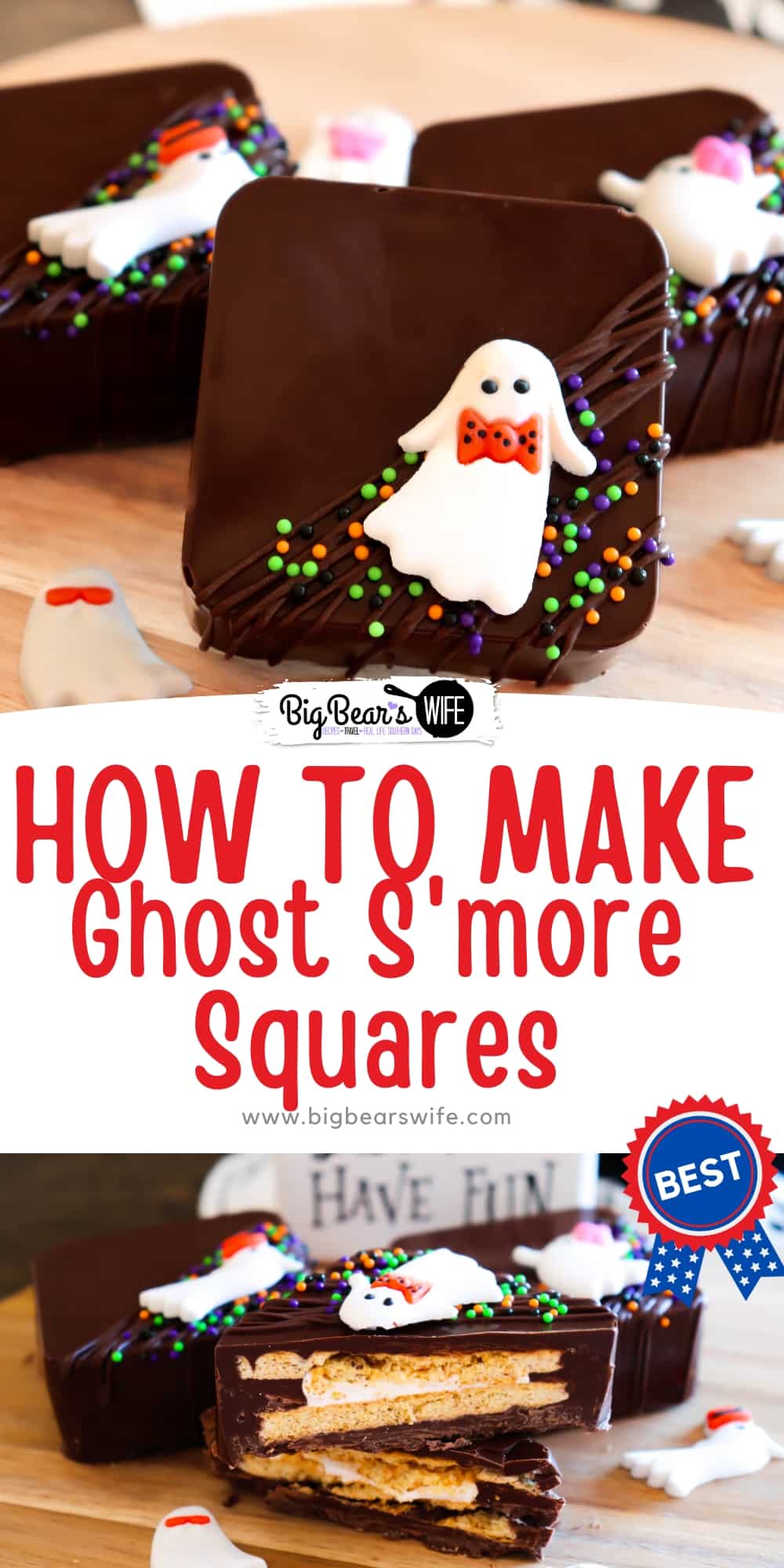These Ghost S'more Squares are super cute and pretty easy to make! You've got your graham cracker, marshmallow and chocolate all packed together with a cute ghost on top.  via @bigbearswife