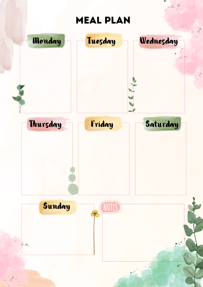 Green Pink Watercolor Aesthetic Meal Plan A4 Document