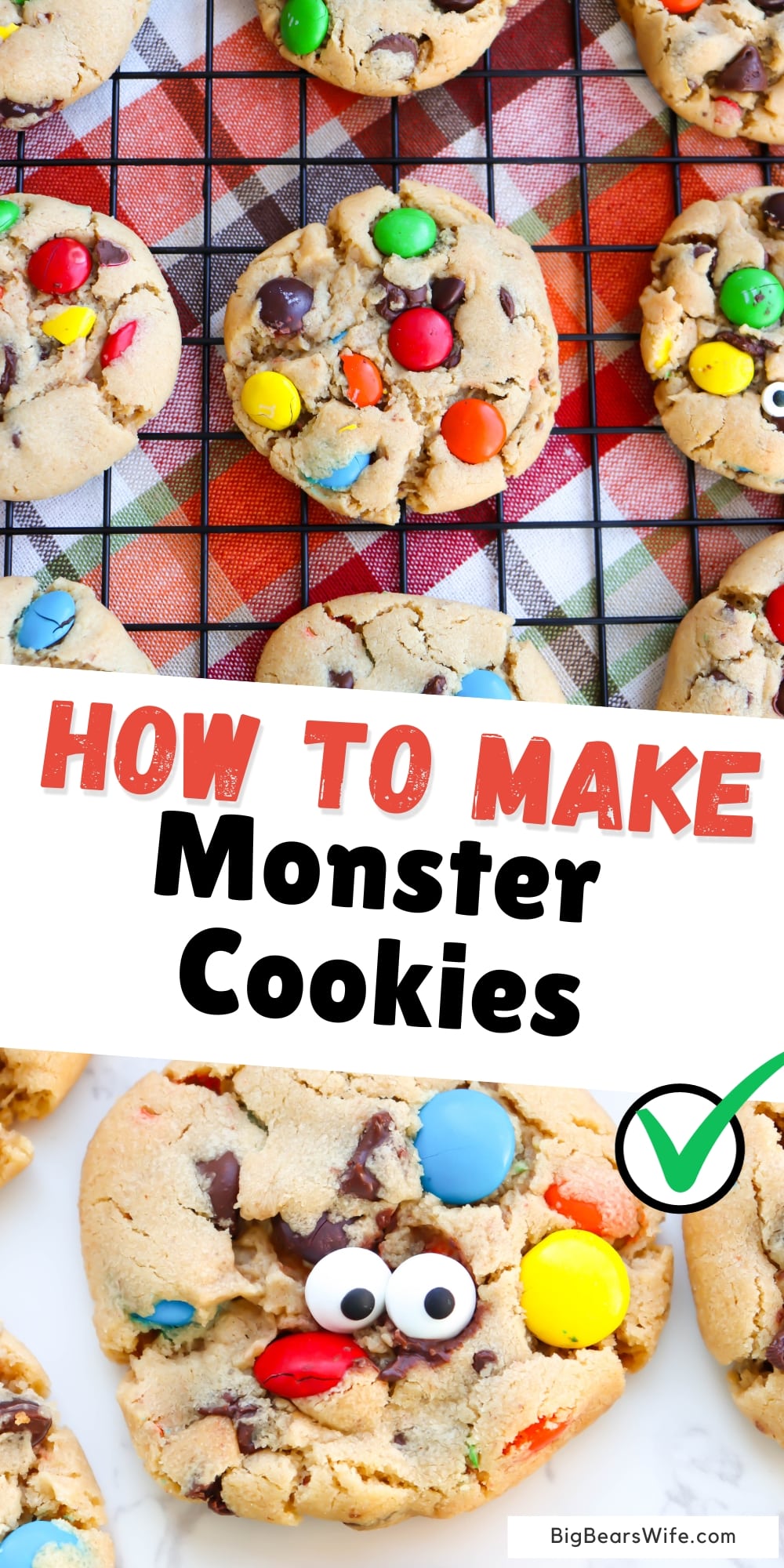 These Monster Cookies are peanut butter cookies, stuffed with chocolate chips and M&MS candies with the occasional candy eye for decoration!  via @bigbearswife