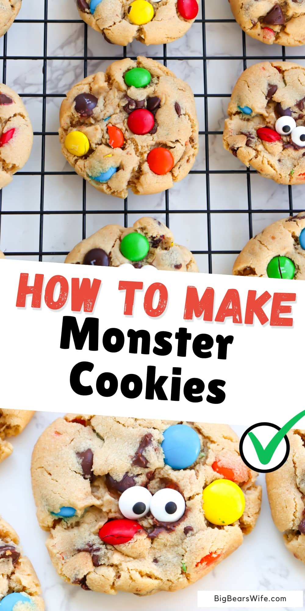 These Monster Cookies are peanut butter cookies, stuffed with chocolate chips and M&MS candies with the occasional candy eye for decoration!  via @bigbearswife