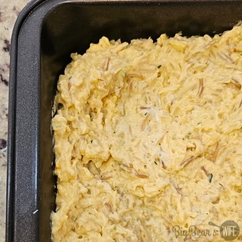 Cheesy Chicken Rice a Roni Casserole in pan