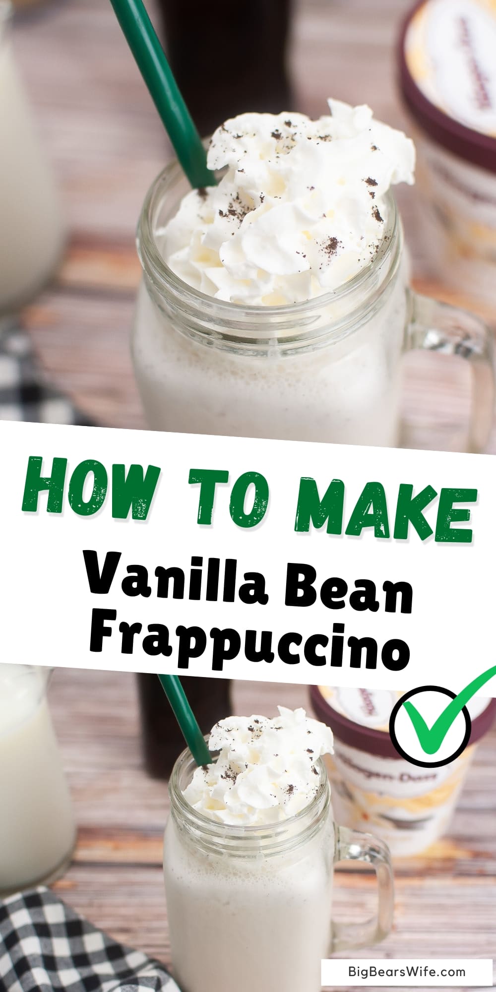 Tired of waiting in long lines at the coffee shop? With this homemade vanilla bean frappuccino recipe, you can skip the hassle and make your favorite icy beverage right in your own kitchen. This homemade Frappuccino is sure to satisfy your craving. via @bigbearswife