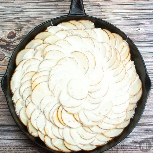 swirled Potatoes and cream in skillet