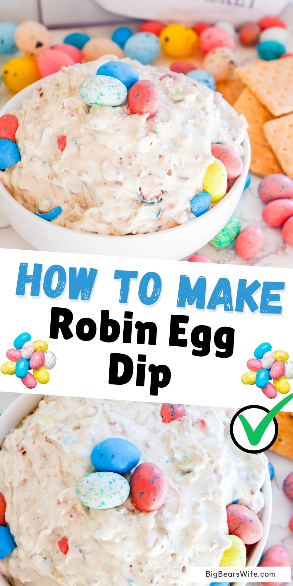 If you love Robin Egg Candies (aka colorful Easter Egg Whoppers), you'll love this sweet, Robin Egg Dip, candy dessert dip! Perfect for Easter and great for dipping cookies or apple slices!  via @bigbearswife