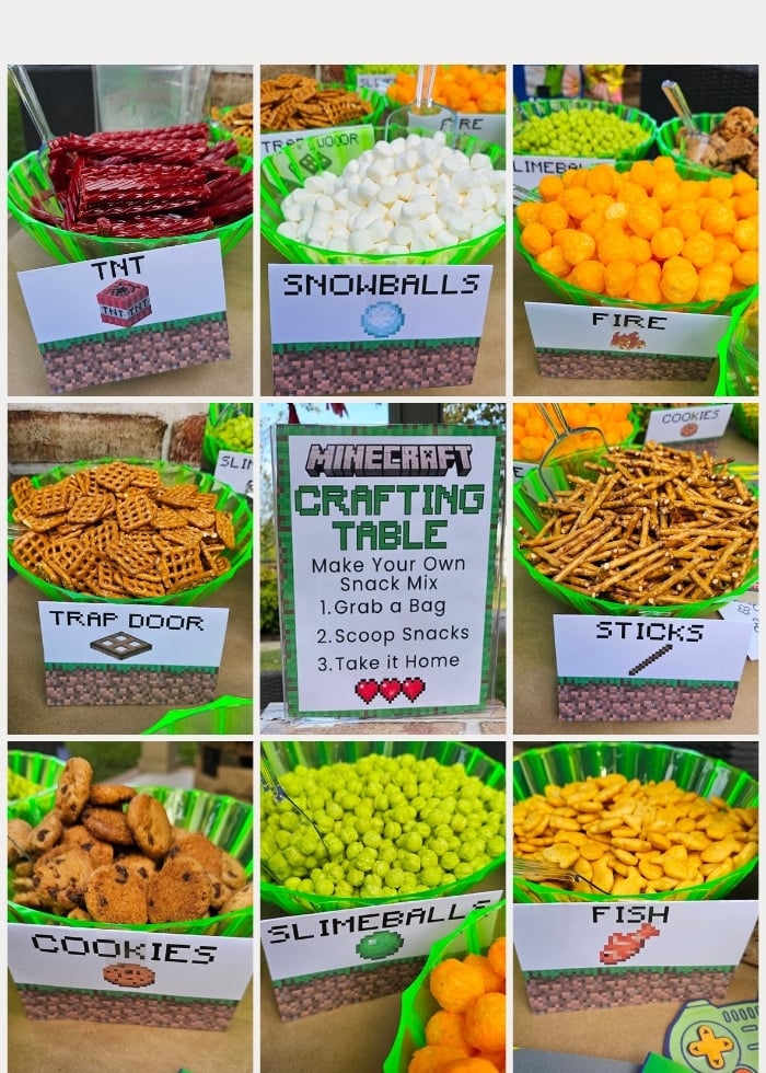 Minecraft party snack mix ingredients labeled as TNT, slimeballs, snowballs, and other Minecraft items