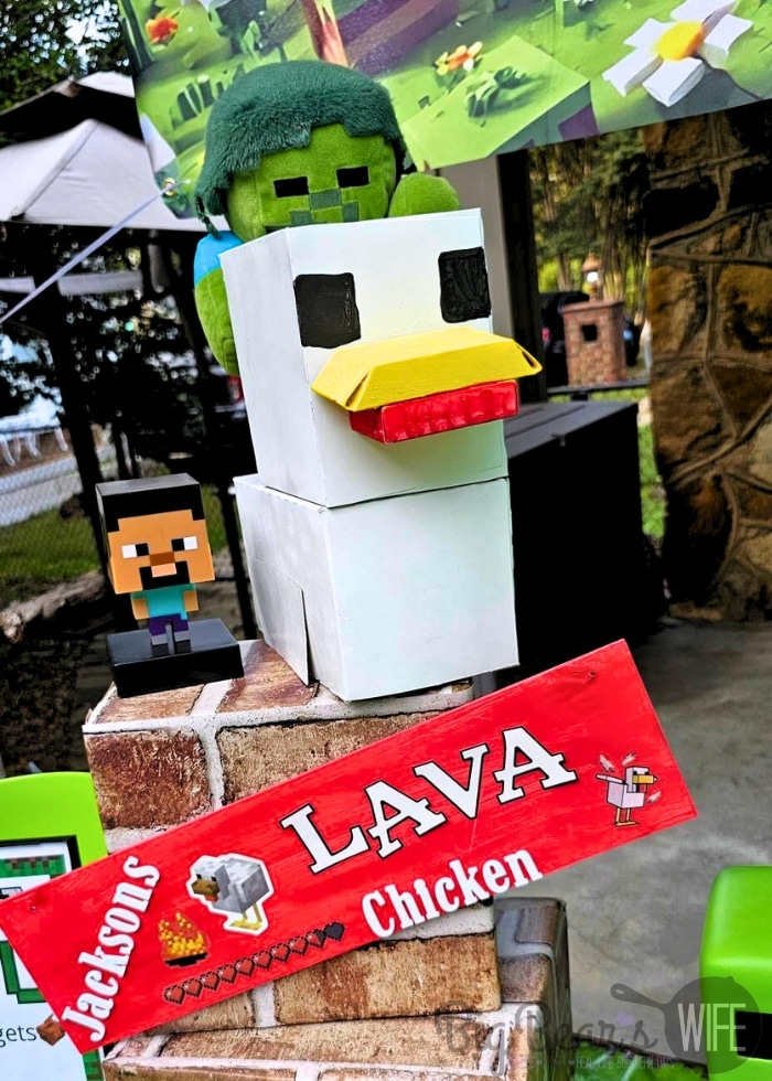 Minecraft party food labeled as Jackson&rsquo;s Lava Chicken made with Chick-fil-A nugget party trays