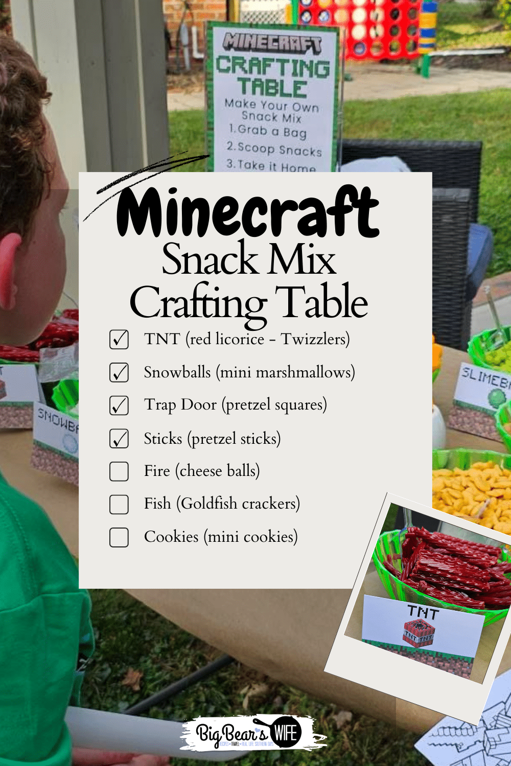 This Minecraft Crafting Table snack mix station doubles as food and an activity. A fun and easy party idea where kids craft their own snack mix. via @bigbearswife