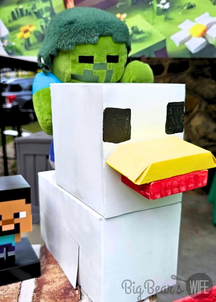 Homemade Chicken Jockey made from cardboard boxes, paint and a Minecraft zombie plushie