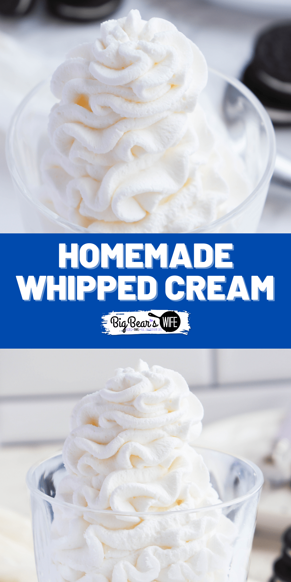 Homemade whipped cream is so easy to make and tastes SO much better than store-bought. All you need is heavy whipping cream, powdered sugar, and vanilla &mdash; ready in 5 minutes! Perfect for pies, hot chocolate, fruit, waffles, cakes, and more. Save this easy whipped cream recipe for later! #whippedcream #homemade #desserttopping #easyrecipes via @bigbearswife