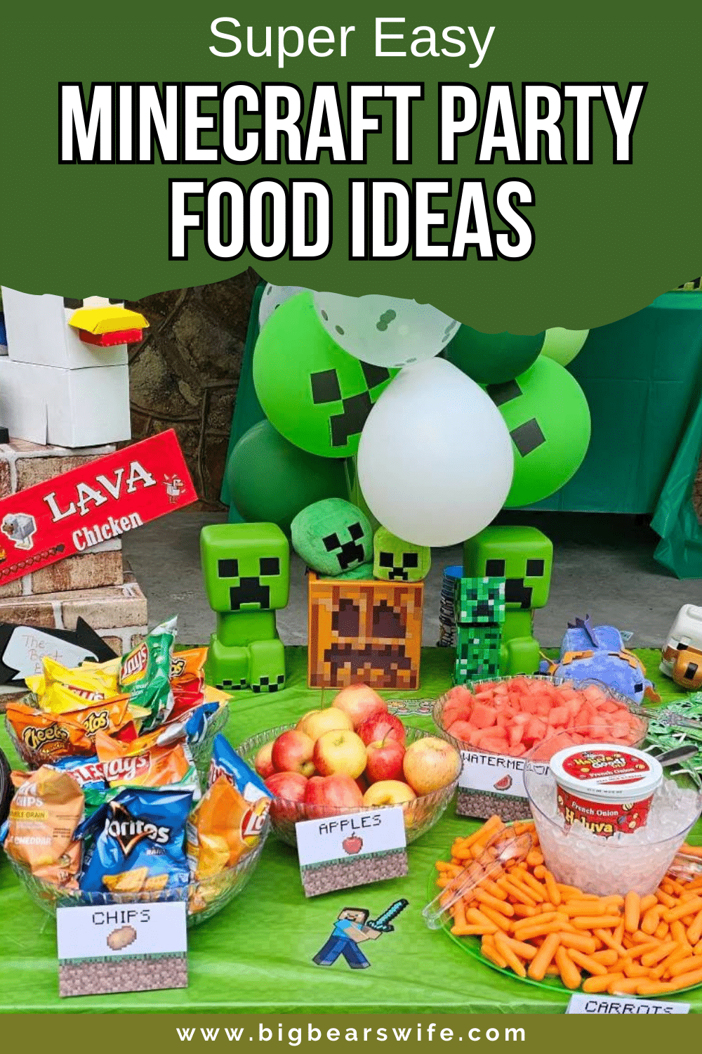 These easy Minecraft party food ideas are perfect for birthdays. From Lava Chicken nuggets to Creeper treats, this no-bake party food is kid-approved and simple. via @bigbearswife