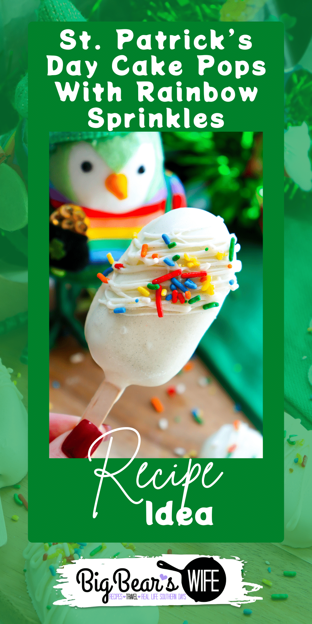St. Patrick&rsquo;s Day cake pops with rainbow sprinkles are a fun and festive holiday dessert. These cakesicles are dipped in white chocolate and decorated with colorful sprinkles for the perfect St. Patrick&rsquo;s Day treat for parties, kids, and dessert tables. via @bigbearswife