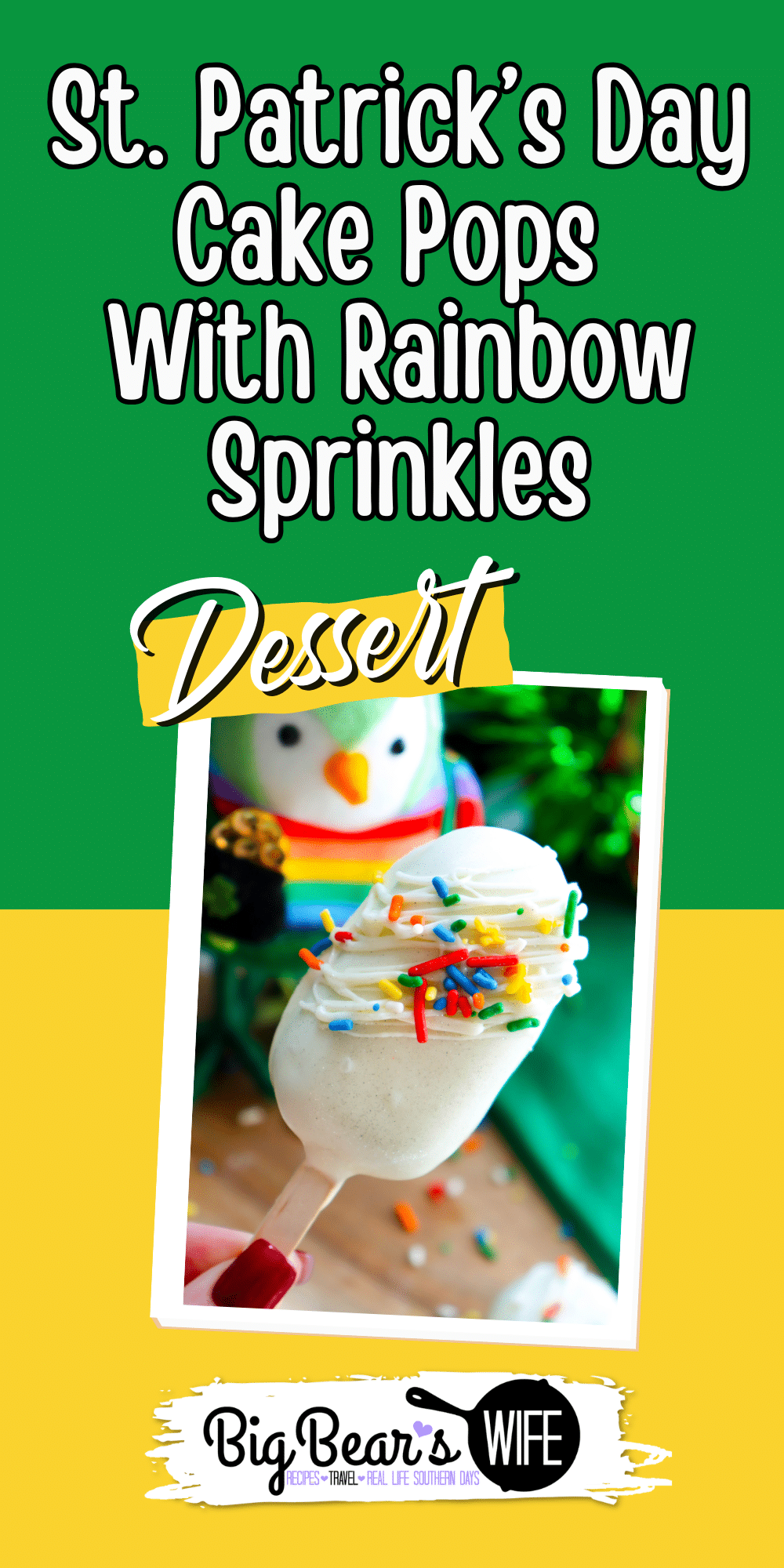 St. Patrick&rsquo;s Day cake pops with rainbow sprinkles are a fun and festive holiday dessert. These cakesicles are dipped in white chocolate and decorated with colorful sprinkles for the perfect St. Patrick&rsquo;s Day treat for parties, kids, and dessert tables. via @bigbearswife