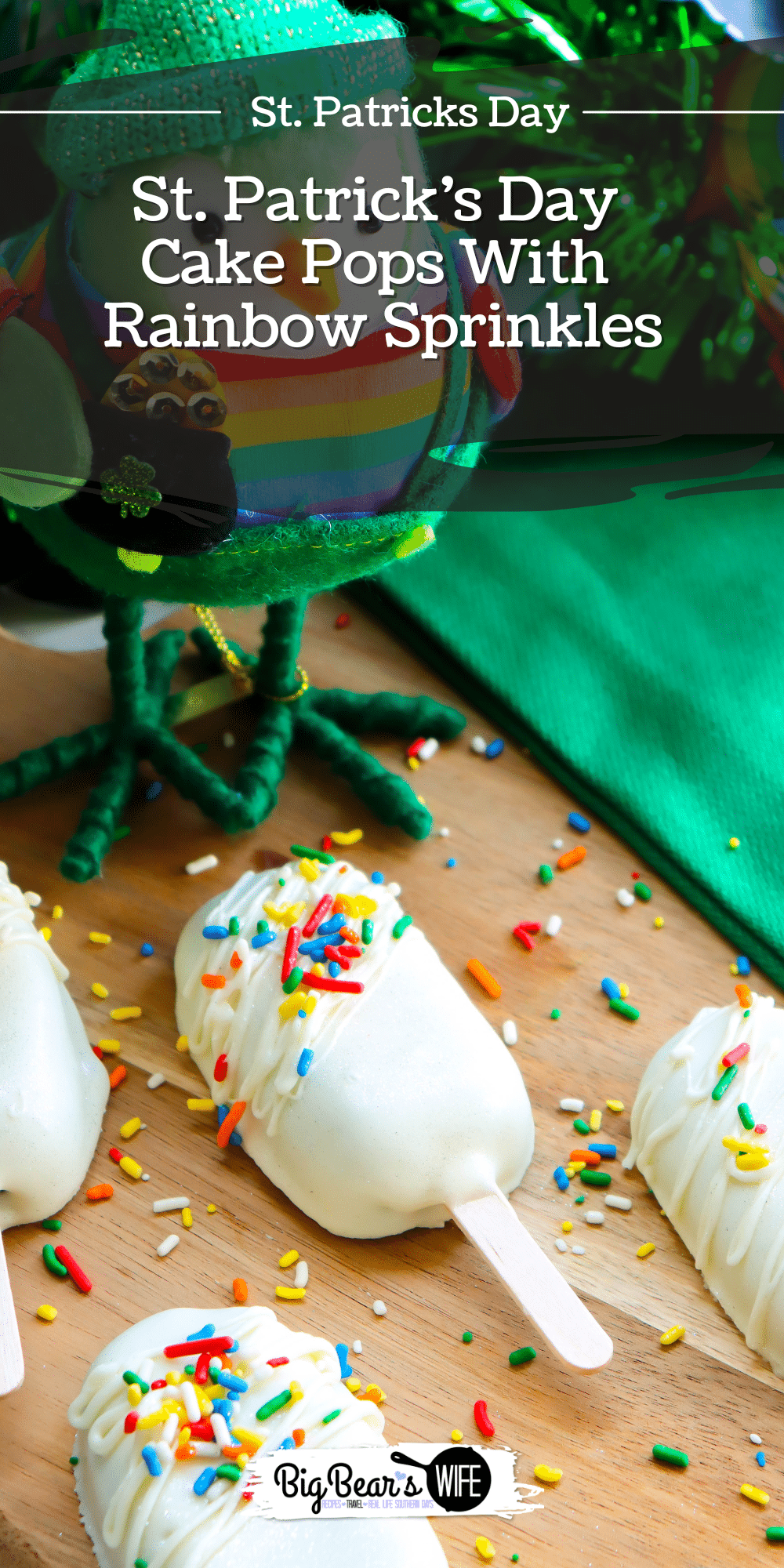 St. Patrick&rsquo;s Day cake pops with rainbow sprinkles are a fun and festive holiday dessert. These cakesicles are dipped in white chocolate and decorated with colorful sprinkles for the perfect St. Patrick&rsquo;s Day treat for parties, kids, and dessert tables. via @bigbearswife