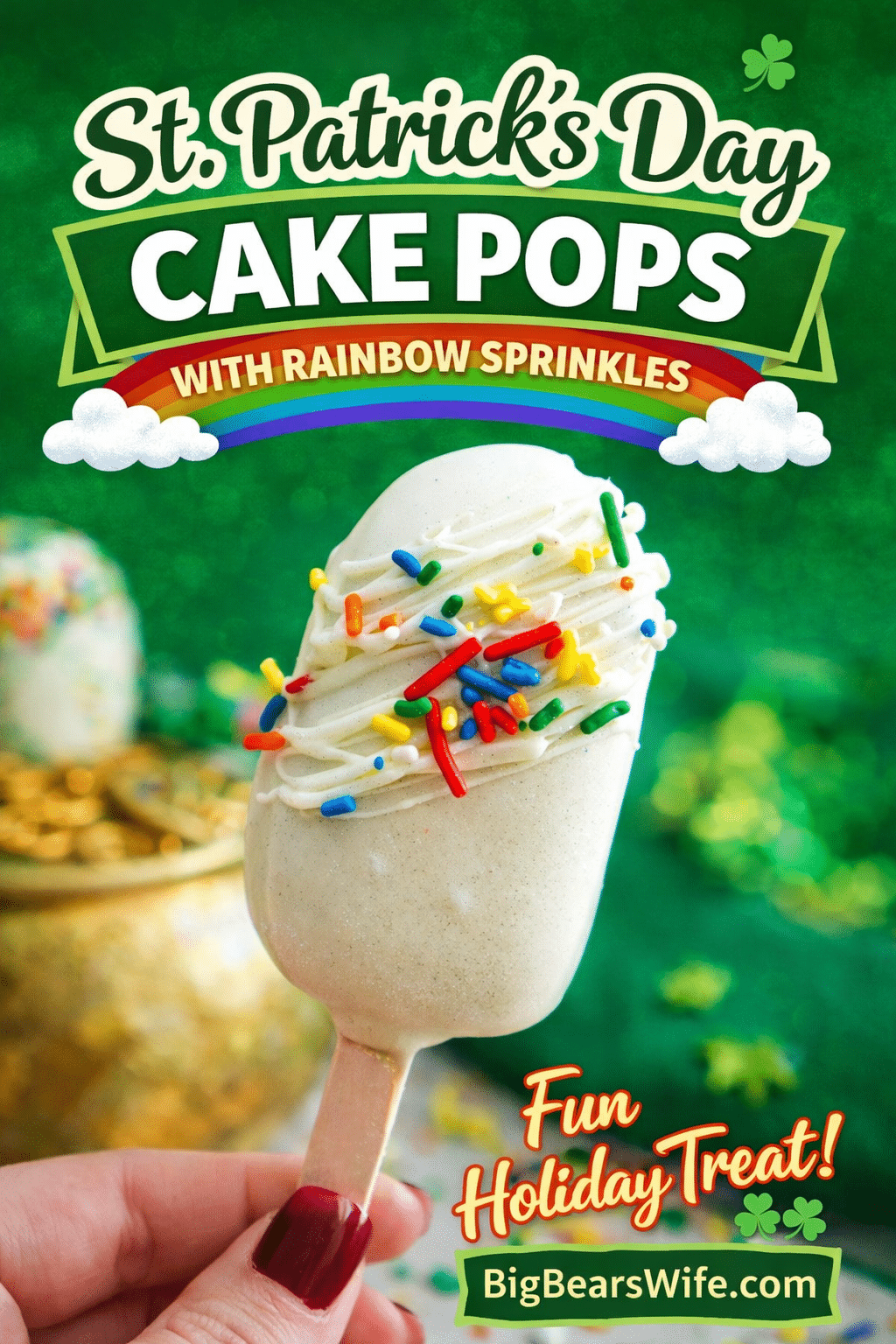 St. Patrick&rsquo;s Day cake pops with rainbow sprinkles are a fun and festive holiday dessert. These cakesicles are dipped in white chocolate and decorated with colorful sprinkles for the perfect St. Patrick&rsquo;s Day treat for parties, kids, and dessert tables. via @bigbearswife