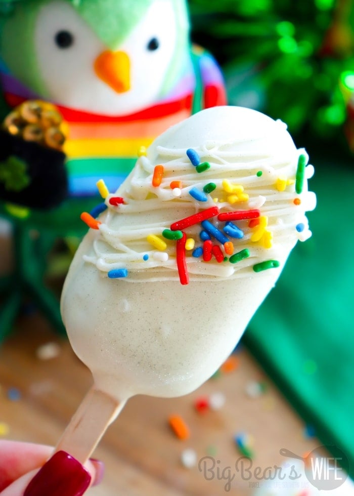 white chocolate cake pops with rainbow sprinkles for St. Patrick&rsquo;s Day