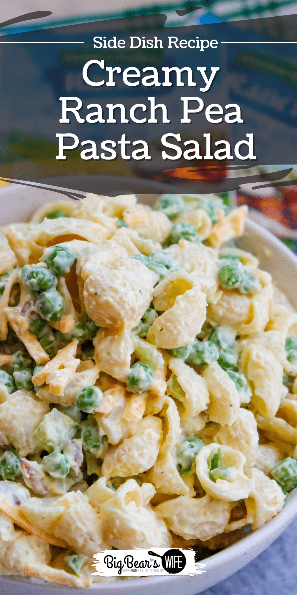 Creamy Ranch Pea Pasta Salad is a chilled pasta salad made with sweet peas, cheddar cheese, ranch seasoning, sunflower kernels, and celery. via @bigbearswife