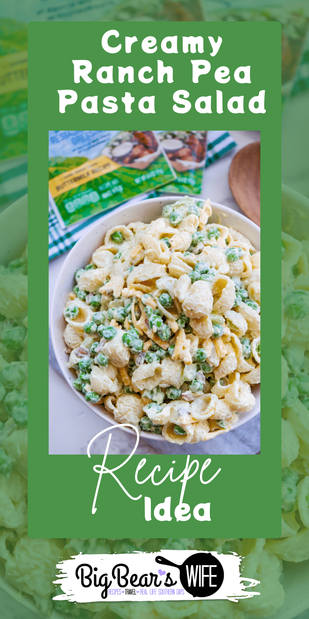 Creamy Ranch Pea Pasta Salad is a chilled pasta salad made with sweet peas, cheddar cheese, ranch seasoning, sunflower kernels, and celery. via @bigbearswife